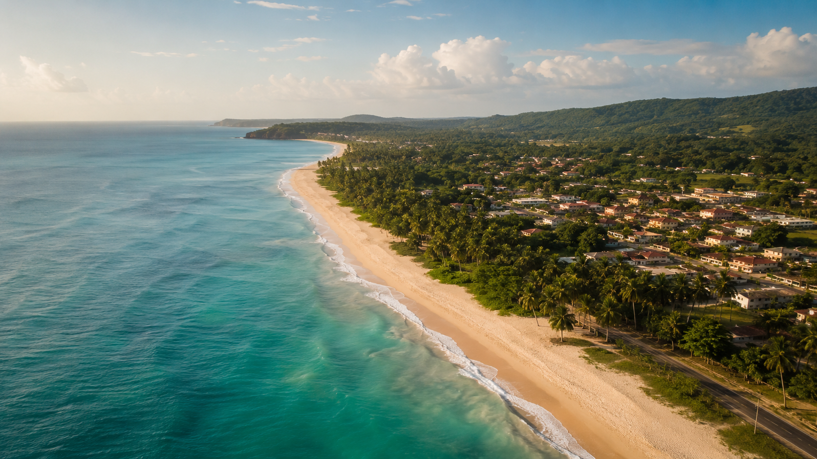 Costa tropical brasileira com praia, coqueiros e comunidade litorânea